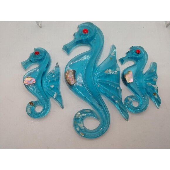 Set of 3 Handcrafted Vintage MCM Acrylic Lucite Blue Glass Seahorse Wall Art Wit - Picture 2 of 6